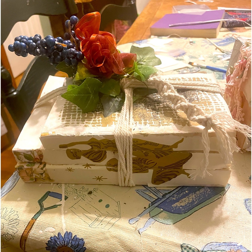 Bookshelf decoration decoupaged and decorated by me.